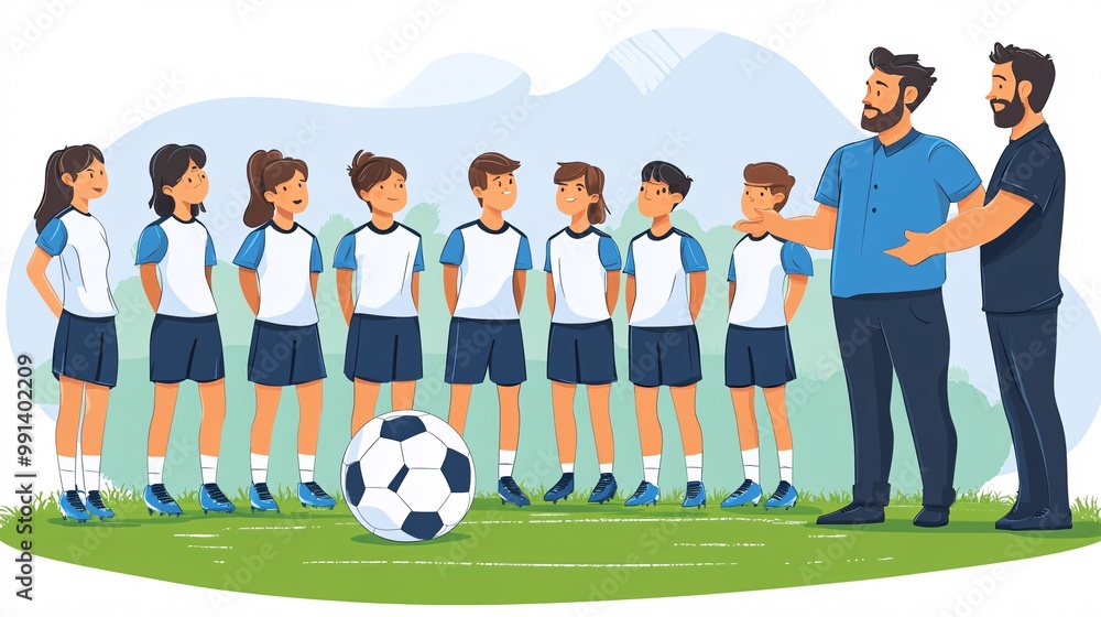 Aufkleber A clean minimalistic vector of a team huddle as the coach outlines a strategy on the field using bold shapes and lines Large space for text in center Stock Photo with copy space