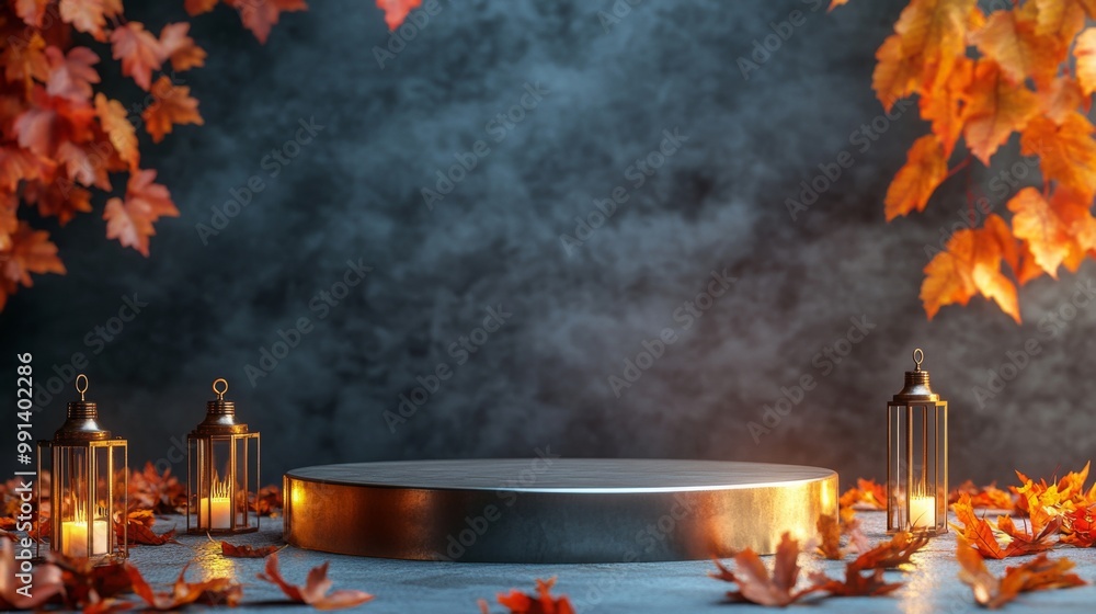 Poster a circular platform surrounded by vibrant autumn leaves and decorative lanterns creates a warm, invi