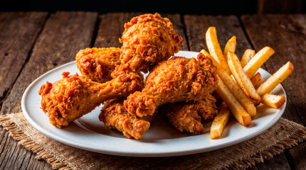 A plate of crispy fried chicken drumsticks served with golden French fries on a rustic wooden table