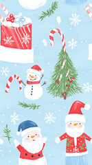 Cute Christmas-themed patterned wallpaper featuring candy cane trees, snowmen, Santa, snowflakes, Christmas tree decorations, and other festive Christmas-related graphics.