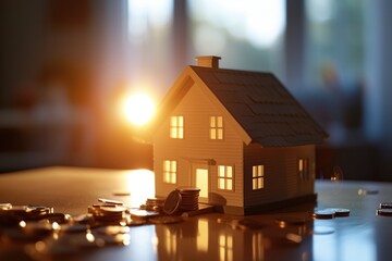 Miniature house at sunset with glowing windows, symbolic of real estate and home, coins on a table in the background, warm and atmospheric lighting