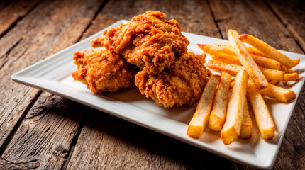 A plate of crispy fried chicken drumsticks served with golden French fries on a rustic wooden table