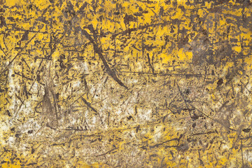grunge yellow steel plate has scratches, weathered metallic sheet with dirty stain, damaged metal floor