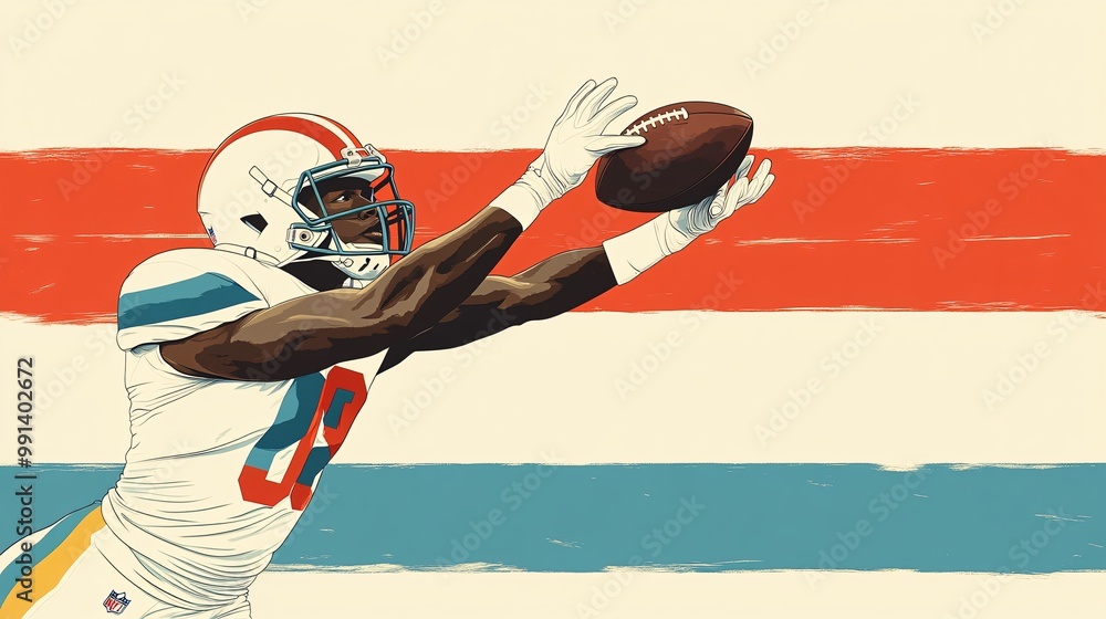 Poster A clean geometric illustration of a wide receiver catching a football with smooth sharp lines and bold contrasting colors Large space for text in center Stock Photo with copy space