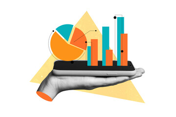 Creative collage picture 3d hand palm hold smartphone digital device infographic business startup...