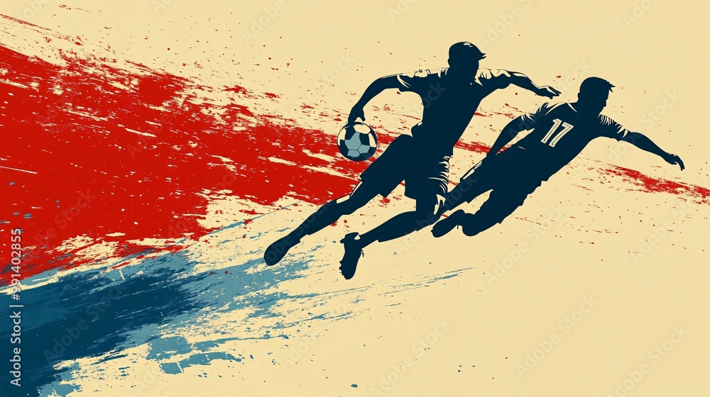 Fototapete A flat design of a defensive player tackling an opponent with clear simple lines and minimal color usage Large space for text in center Stock Photo with copy space