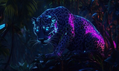 Glowing leopard in a dark jungle.
