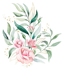 Bouquet made of pink watercolor flowers and green leaves, isolated wedding and greeting illustration