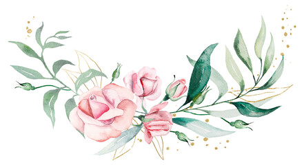 Bouquet made of pink watercolor flowers and green leaves, isolated wedding and greeting illustration