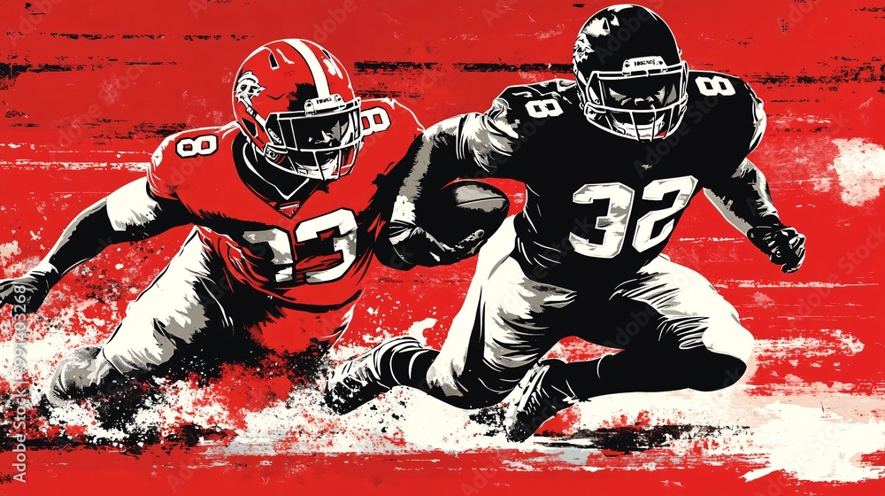 Leinwandbilder A flat design of a defensive player tackling an opponent with clear simple lines and minimal color usage Large space for text in center Stock Photo with copy space