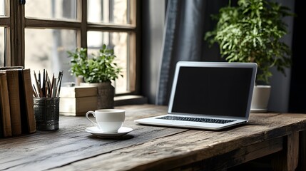 Fototapeta premium A laptop and cup of coffee on a rustic wooden desk in a home office