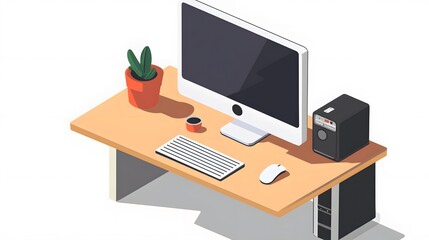 A simple desk setup with a computer, mouse, and a cup of coffee