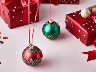 Colorful Christmas ornaments hang beside beautifully wrapped gifts on a light surface, perfect for holiday decorating and celebrations