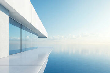 Fototapeta premium Abstract 3D rendering of minimalist style architectural space scene, mountain and lakeside building