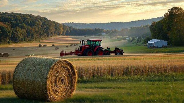 A dynamic farming scene during the peak of the harvest season, with tractors working the fields, hay bales being stacked, and farmers sharing a laugh during a break.