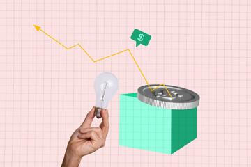 Creative collage image human hand hold lightbulb economy increase earnings money growth income...