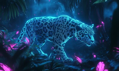 Glowing jaguar in a neon jungle.