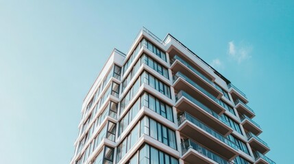 A tall residential building with a clear sky in the background, offering a large area for text. -