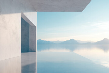 Abstract 3D rendering of minimalist style architectural space scene, mountain and lakeside building