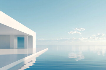 Fototapeta premium Abstract 3D rendering of minimalist style architectural space scene, mountain and lakeside building