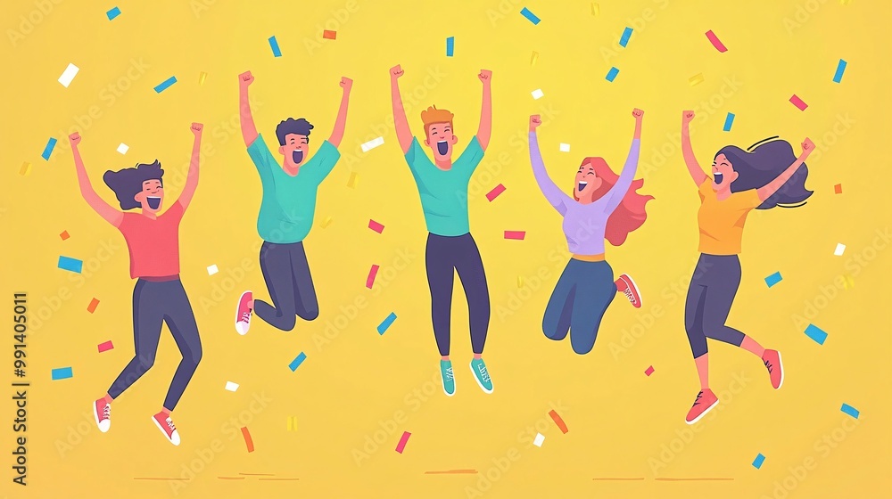 Aufkleber A flat vector design of fans jumping in the air cheering with exaggerated expressions and bold minimal colors Large space for text in center Stock Photo with copy space