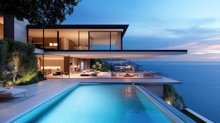 Fototapeta premium Dream home by the ocean, large glass walls, infinity pool blending into the sea, modern minimalist design, open floor plan