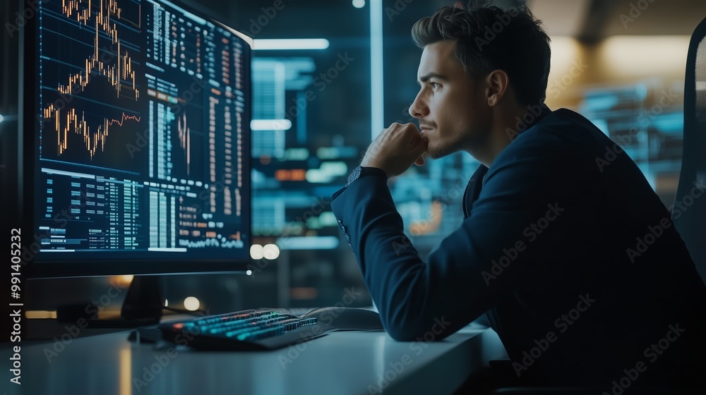 Aufkleber young professional analyzing financial data on a computer screen in a modern office setting during e