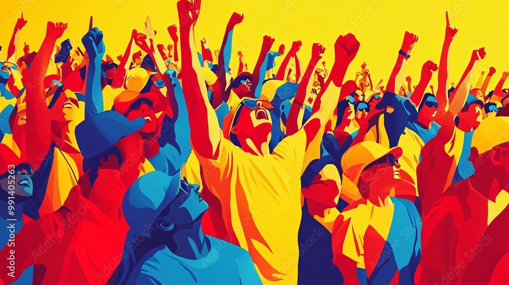 Poster A flat vector design of fans jumping in the air cheering with exaggerated expressions and bold minimal colors Large space for text in center Stock Photo with copy space