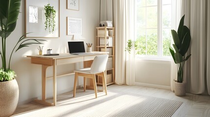 Fototapeta premium A bright and spacious home office with a desk, laptop, and decor