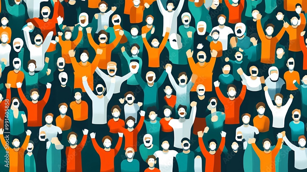 Poster a minimalist side profile of football fans cheering in the stands with simplified forms and vibrant 
