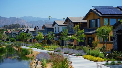 A quiet suburban street with houses and green landscaping. The homes have modern architecture with solar panels.  A pond is visible in the foreground.
