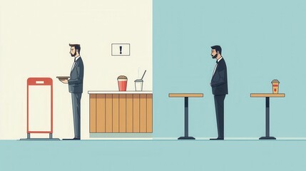 Wealthy man receiving VIP service at an exclusive restaurant contrasted with a person waiting in a long line at a fastfood chain, food service disparity, luxury vs necessity