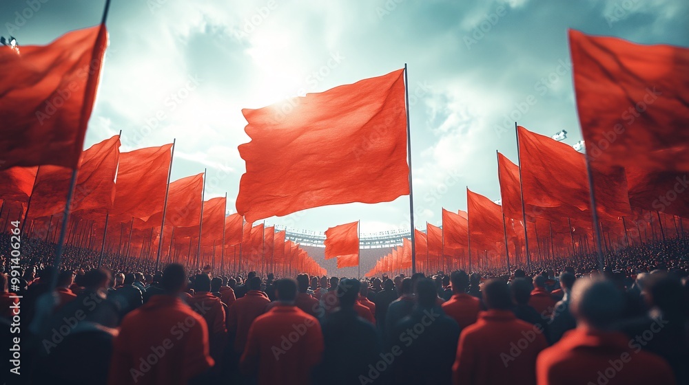 Poster a clean minimal illustration of fans holding banners and flags in the stadium rendered with bold out