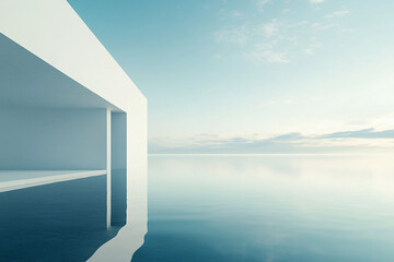 Fototapeta premium Abstract 3D rendering of minimalist style architectural space scene, mountain and lakeside building