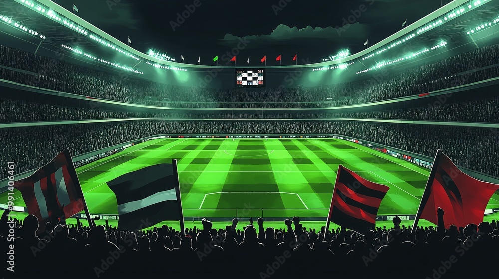 Poster A clean minimal illustration of fans holding banners and flags in the stadium rendered with bold outlines and flat colors Large space for text in center Stock Photo with copy space