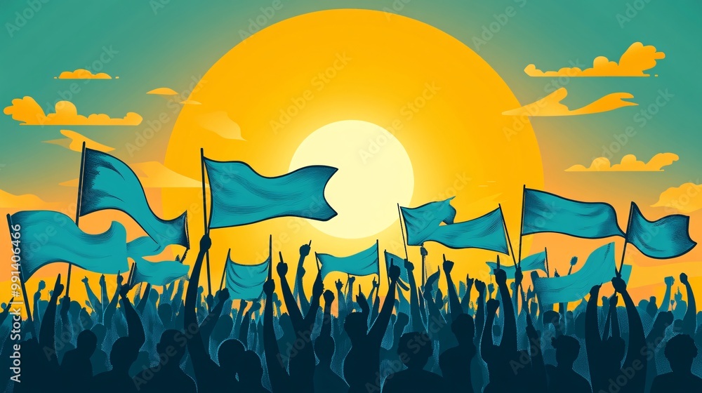 Poster A clean minimal illustration of fans holding banners and flags in the stadium rendered with bold outlines and flat colors Large space for text in center Stock Photo with copy space