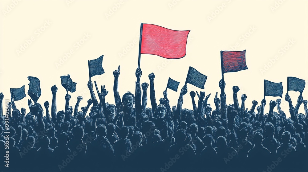 Poster A vector design of a stadium crowd waving flags and cheering for their team with simplified forms and clean flat colors Large space for text in center Stock Photo with copy space