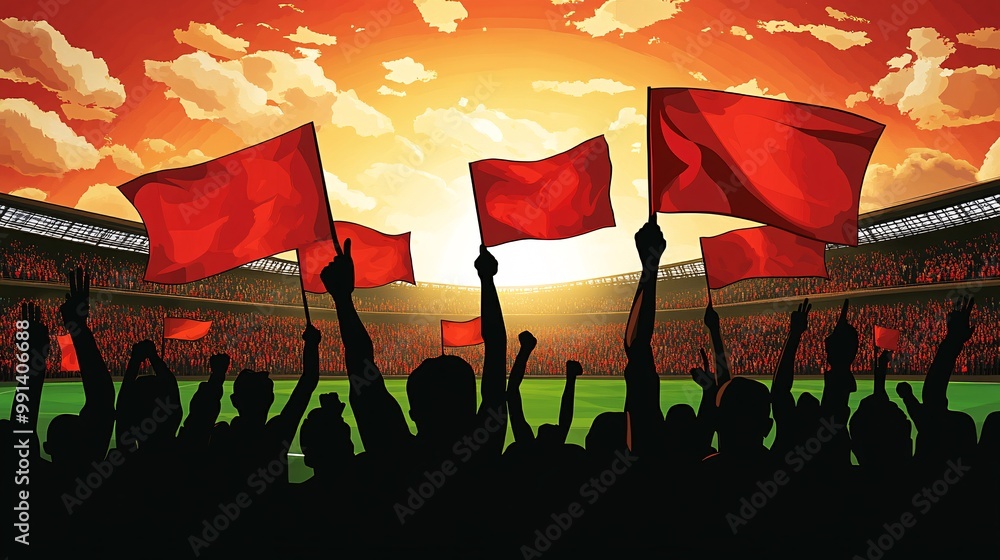 Aufkleber A vector design of a stadium crowd waving flags and cheering for their team with simplified forms and clean flat colors Large space for text in center Stock Photo with copy space