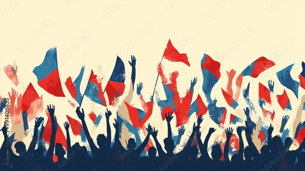 Aufkleber A vector design of a stadium crowd waving flags and cheering for their team with simplified forms and clean flat colors Large space for text in center Stock Photo with copy space