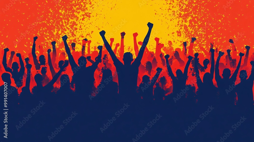 Poster An abstract flat design of a large group of fans in the stadium wearing team colors and cheering with arms raised Large space for text in center Stock Photo with copy space