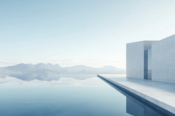 Abstract 3D rendering of minimalist style architectural space scene, mountain and lakeside building