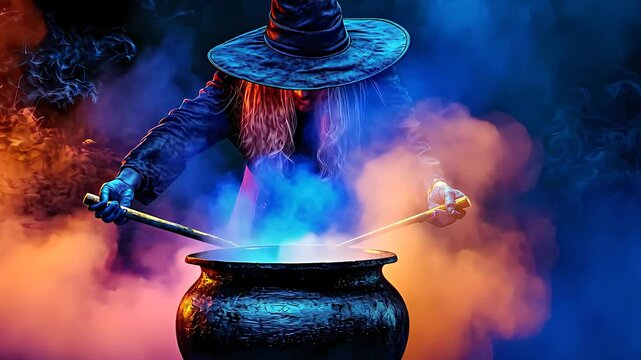 Mysterious witch stirring a magical cauldron with vibrant smoke, symbolizing sorcery, fantasy, and mystical powers in a colorful, enchanting scene.

