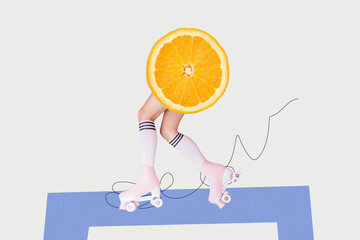Creative collage image young woman legs rollers skater orange citrus slice hobby active sport...