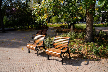 Fototapeta premium In a peaceful park, two beautifully crafted wooden benches are thoughtfully placed on a charming brick sidewalk, creating an inviting spot for visitors to relax and enjoy the scenery