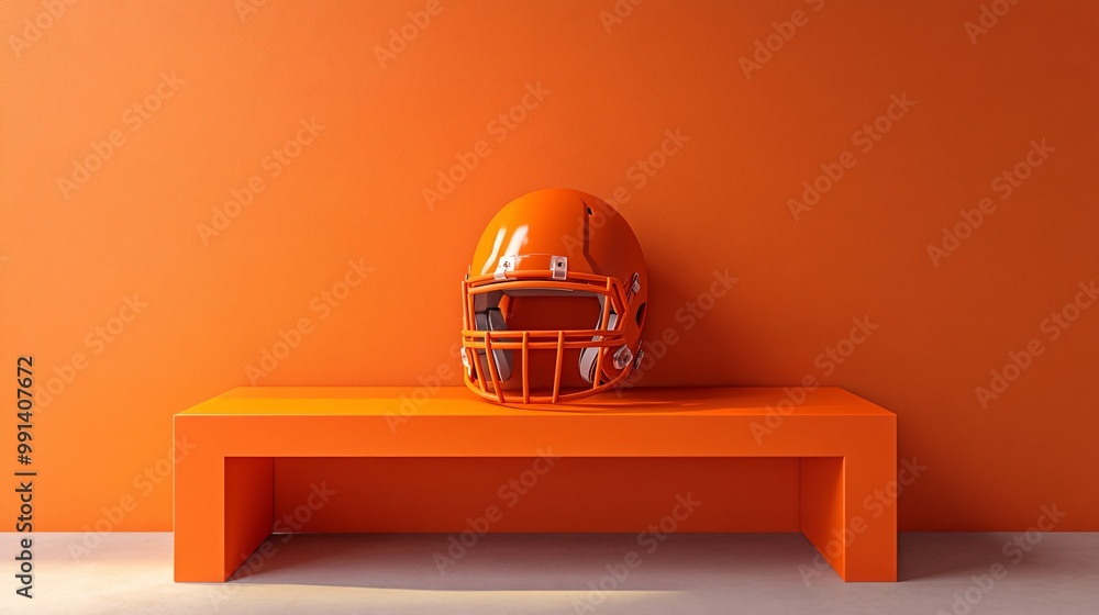 Poster A close-up minimal illustration of a football helmet on a bench with simplified forms and contrasting colors Large space for text in center Stock Photo with copy space