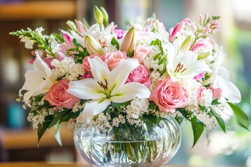Floral arrangement featuring a mix of roses, lilies, and wildflowers in soft pastel tones, displayed in an elegant vase