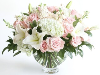 Floral arrangement in a vase, featuring delicate pink roses, lilies, and white hydrangeas, creating a soft, romantic centerpiece
