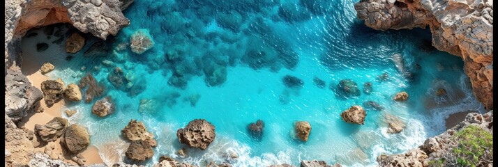 Obraz premium Aerial view of a serene coastline with rocky formations and turquoise waters