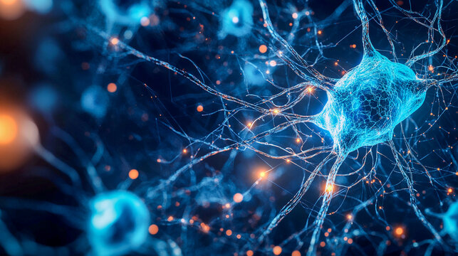 Representaci&oacute;n 3D de un fondo abstracto que muestra la estructura y las conexiones entre las neuronas del cerebro humano, esquema de color azul, muy detallado, hiperrealista.