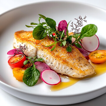 Elegant pan-seared fish with fresh vegetable garnish